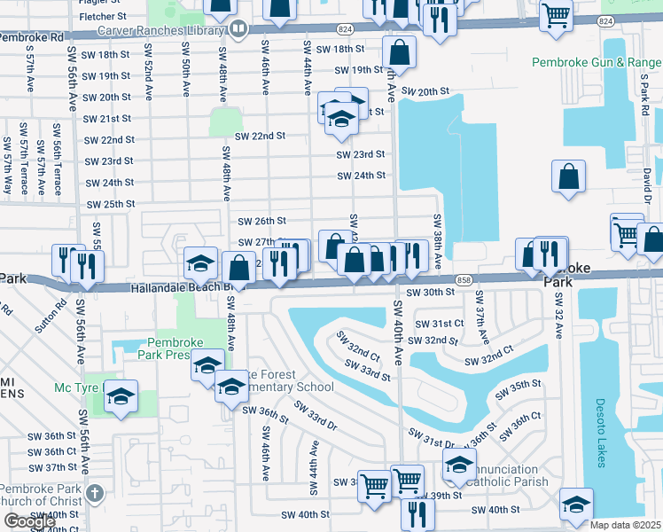 map of restaurants, bars, coffee shops, grocery stores, and more near 4215 West Hallandale Beach Boulevard in West Park