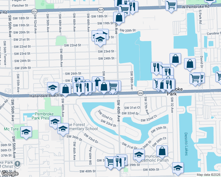 map of restaurants, bars, coffee shops, grocery stores, and more near 4151 Hallandale Beach Boulevard in West Park