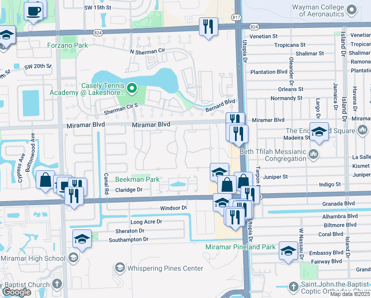 map of restaurants, bars, coffee shops, grocery stores, and more near 2741 Southwest 83rd Terrace in Miramar