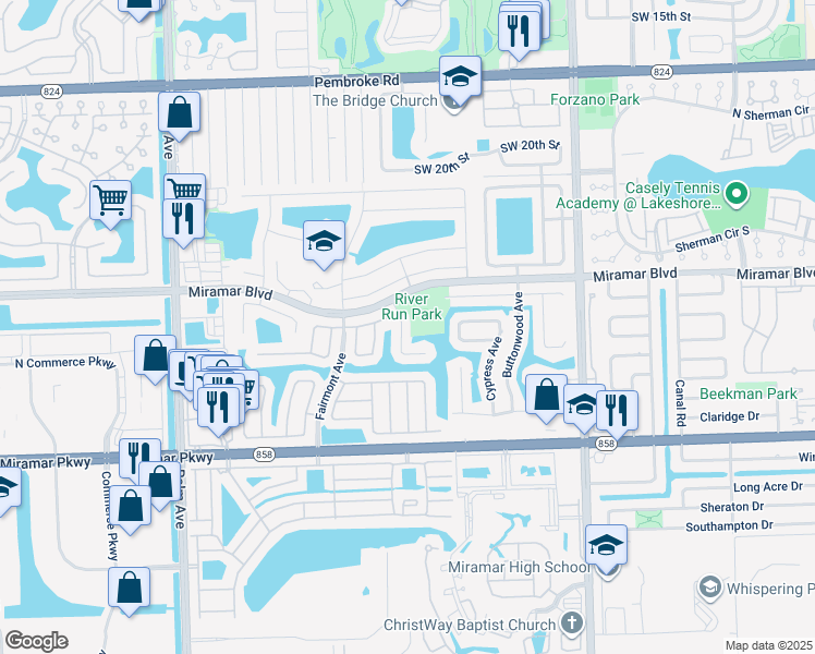 map of restaurants, bars, coffee shops, grocery stores, and more near 2821 Huron Way in Miramar