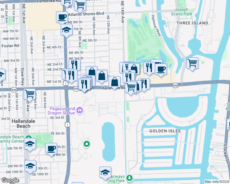 map of restaurants, bars, coffee shops, grocery stores, and more near in Hallandale Beach