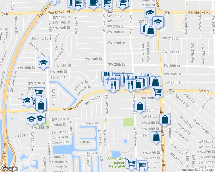 map of restaurants, bars, coffee shops, grocery stores, and more near 2721 Southwest 64th Avenue in Hollywood