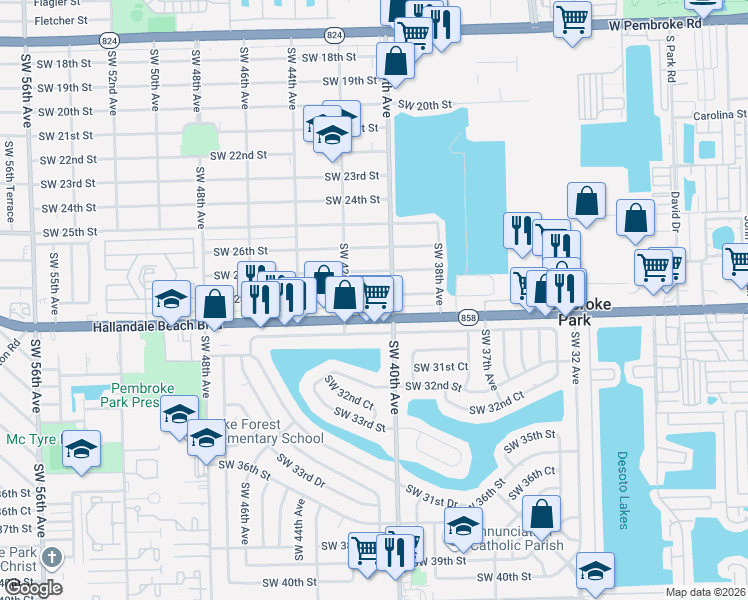 map of restaurants, bars, coffee shops, grocery stores, and more near 4151 Hallandale Beach Boulevard in West Park