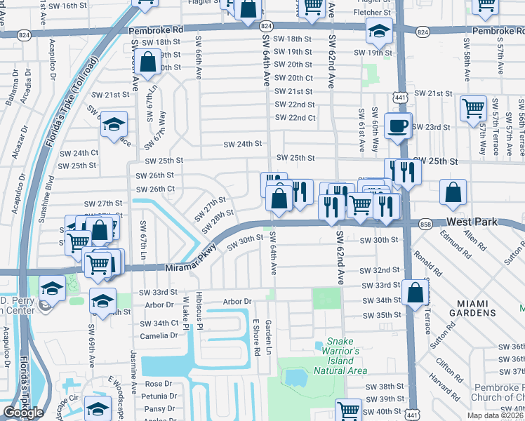 map of restaurants, bars, coffee shops, grocery stores, and more near 6430 Florida 858 in Miramar