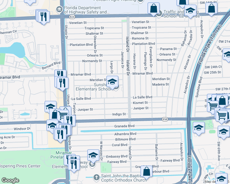 map of restaurants, bars, coffee shops, grocery stores, and more near 7790 La Salle Boulevard in Miramar