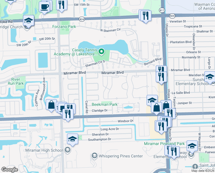 map of restaurants, bars, coffee shops, grocery stores, and more near 2748 Southwest 84th Terrace in Miramar