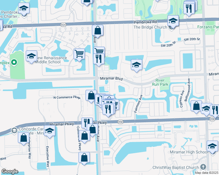 map of restaurants, bars, coffee shops, grocery stores, and more near 2691 Southwest 99th Way in Miramar