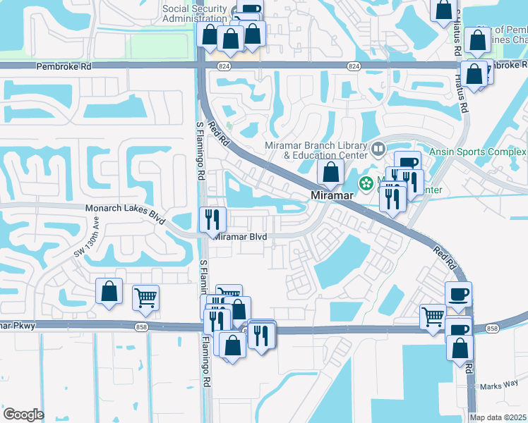 map of restaurants, bars, coffee shops, grocery stores, and more near 57 Centergate Drive in Miramar