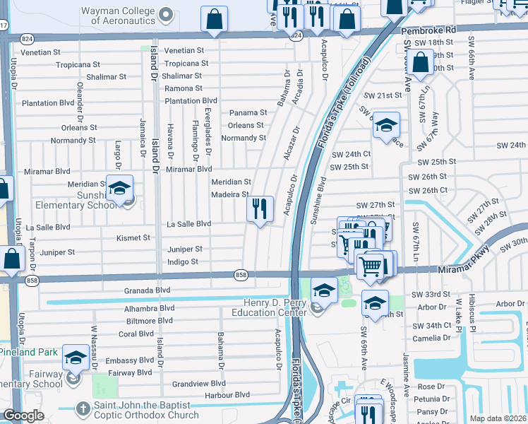 map of restaurants, bars, coffee shops, grocery stores, and more near 2701 Arcadia Drive in Miramar