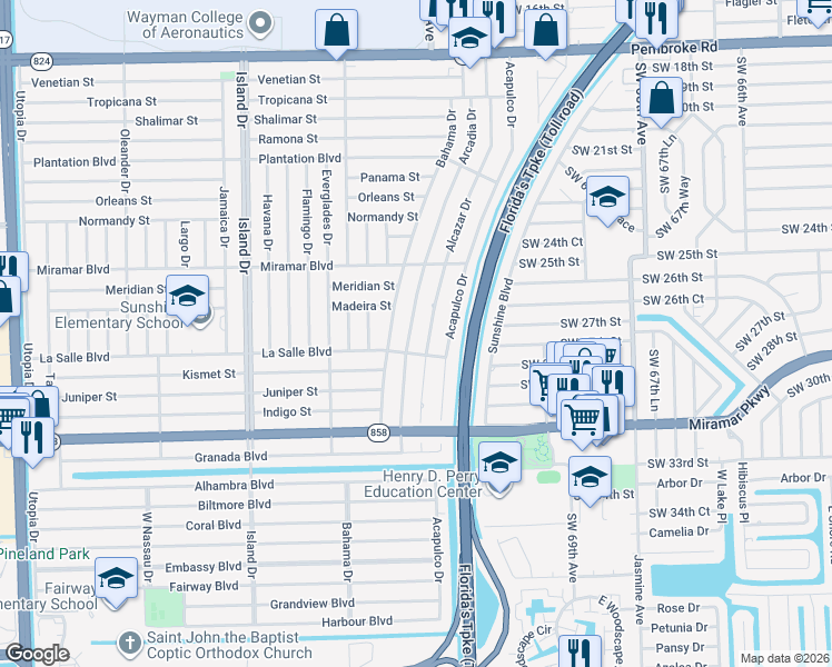 map of restaurants, bars, coffee shops, grocery stores, and more near 2701 Arcadia Drive in Miramar