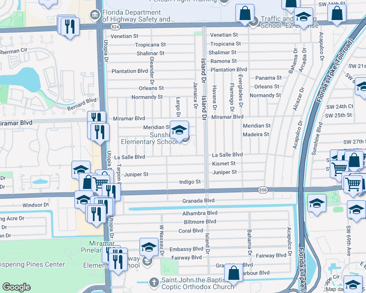 map of restaurants, bars, coffee shops, grocery stores, and more near 7737 La Salle Boulevard in Miramar
