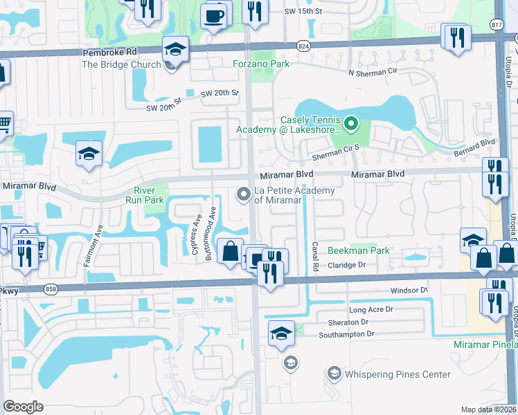 map of restaurants, bars, coffee shops, grocery stores, and more near 8840 South Bermuda Drive in Miramar