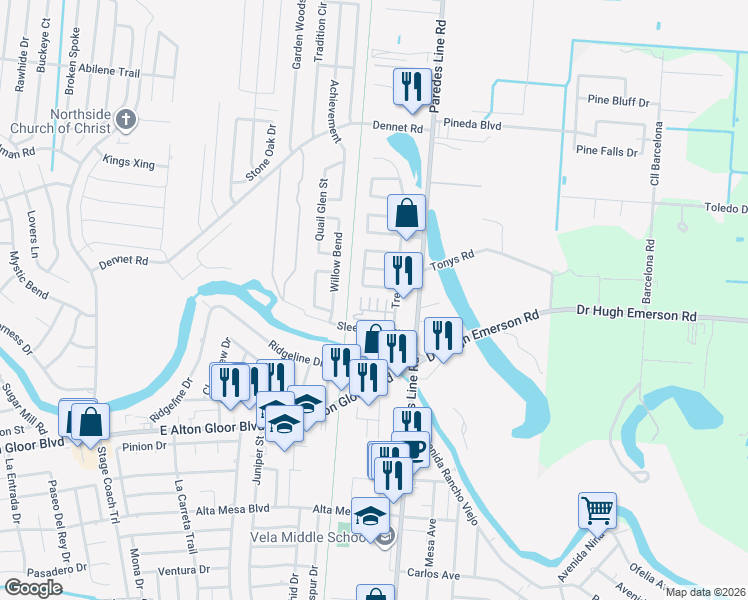 map of restaurants, bars, coffee shops, grocery stores, and more near Brownsville Historic Battlefield Hike and Bike Trail in Brownsville