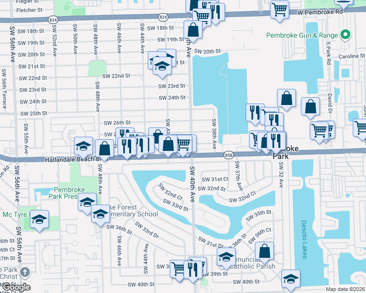 map of restaurants, bars, coffee shops, grocery stores, and more near 4151 Hallandale Beach Boulevard in West Park