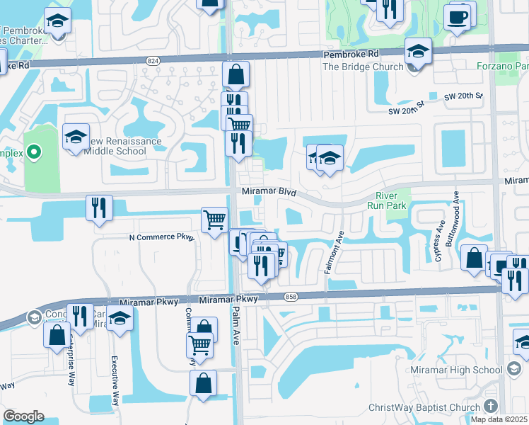 map of restaurants, bars, coffee shops, grocery stores, and more near 2691 Southwest 99th Way in Miramar