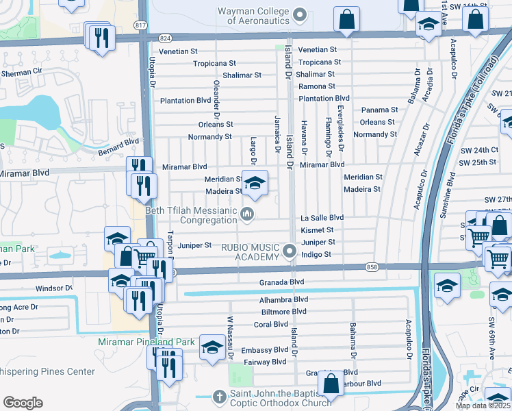 map of restaurants, bars, coffee shops, grocery stores, and more near 7737 La Salle Boulevard in Miramar