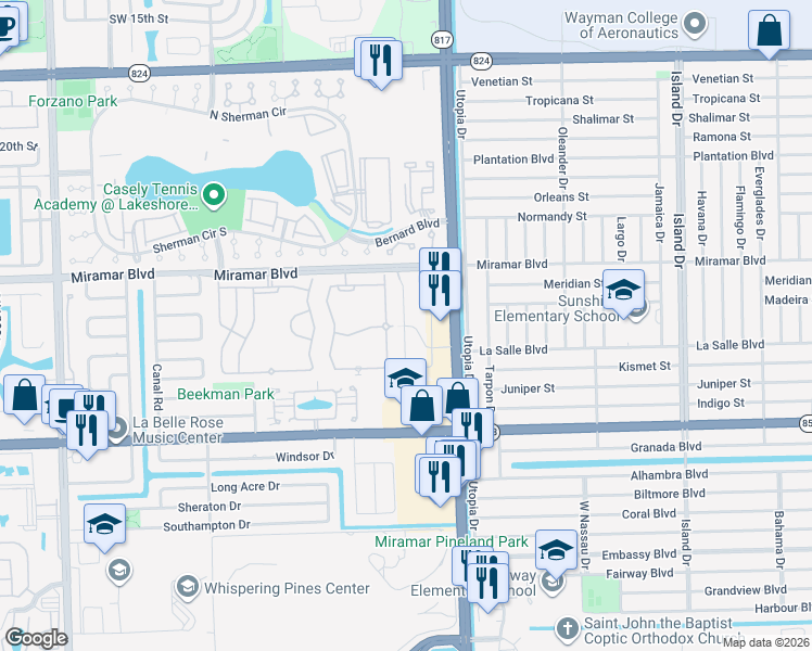 map of restaurants, bars, coffee shops, grocery stores, and more near 2773 Southwest 82nd Avenue in Miramar