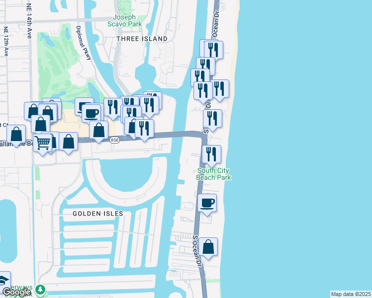 map of restaurants, bars, coffee shops, grocery stores, and more near 1801 South Ocean Drive in Hallandale Beach