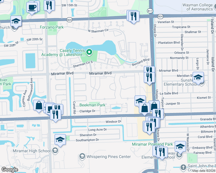 map of restaurants, bars, coffee shops, grocery stores, and more near 8384 Southwest 25th Court in Miramar