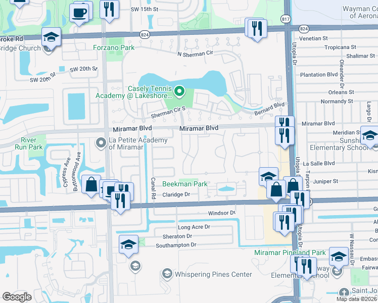 map of restaurants, bars, coffee shops, grocery stores, and more near 2605 Southwest 85th Avenue in Miramar