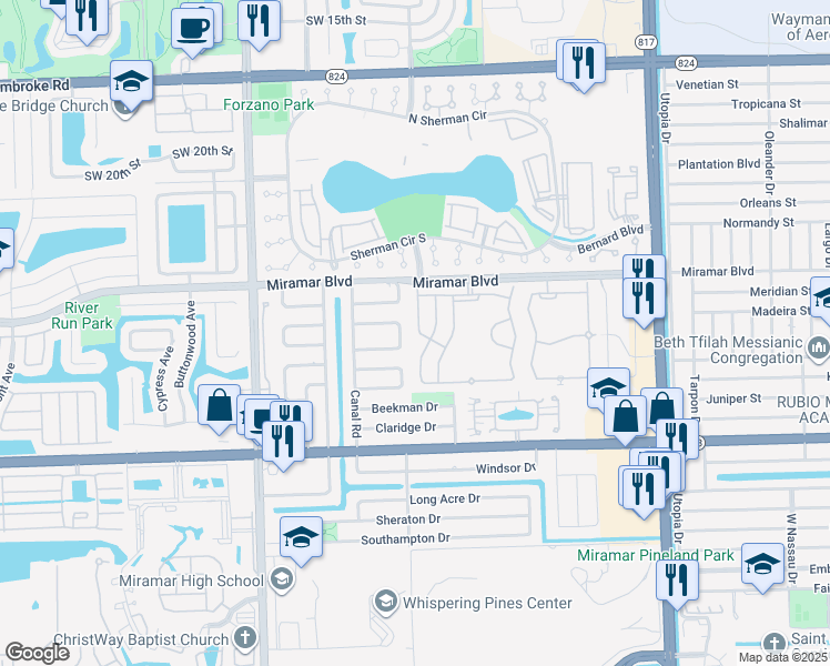 map of restaurants, bars, coffee shops, grocery stores, and more near 8612 Wilshire Drive in Miramar