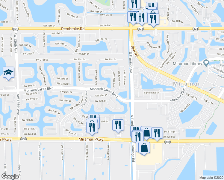map of restaurants, bars, coffee shops, grocery stores, and more near 2352 Southwest 127th Avenue in Miramar
