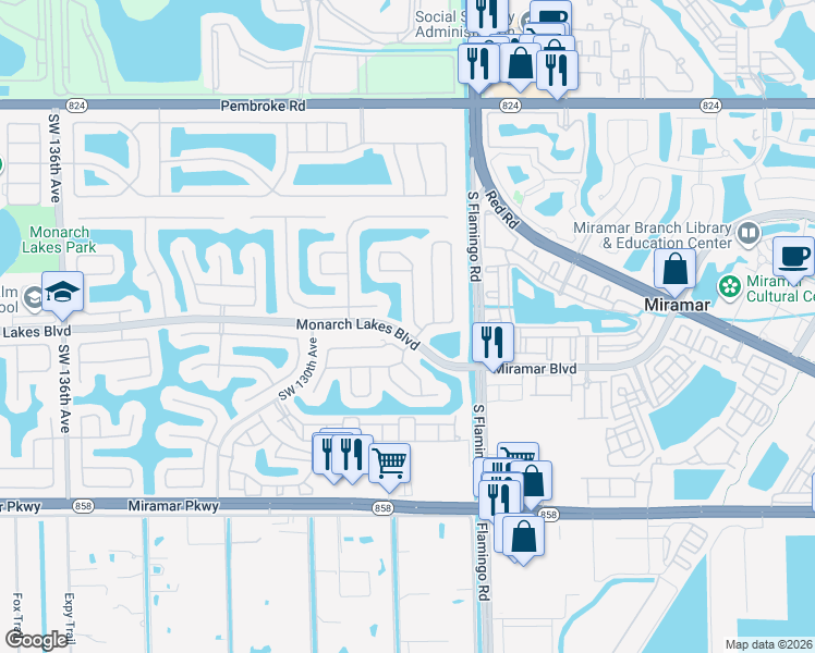 map of restaurants, bars, coffee shops, grocery stores, and more near 2352 Southwest 127th Avenue in Miramar