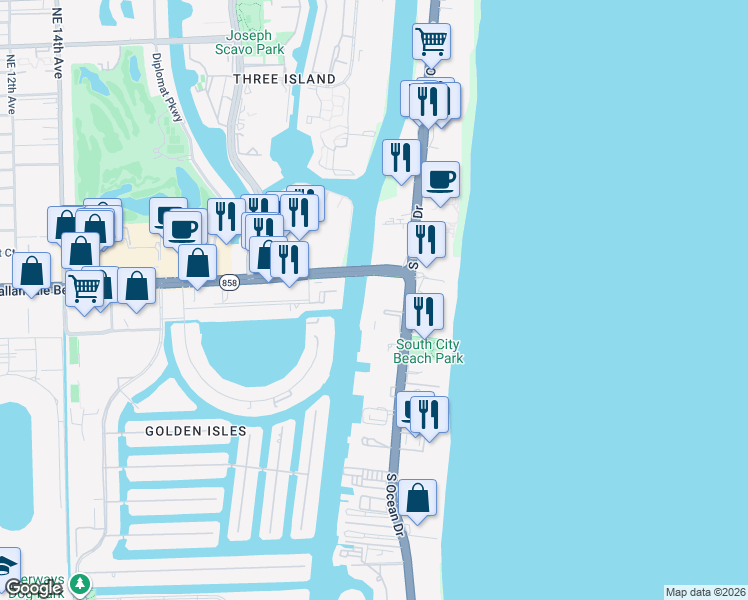 map of restaurants, bars, coffee shops, grocery stores, and more near 1801 South Ocean Drive in Hallandale Beach
