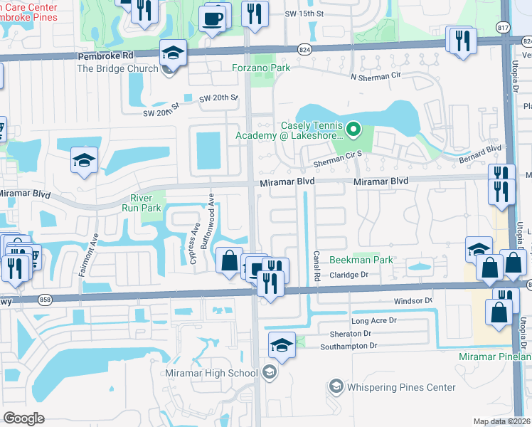 map of restaurants, bars, coffee shops, grocery stores, and more near 2616 Bermuda Place in Miramar