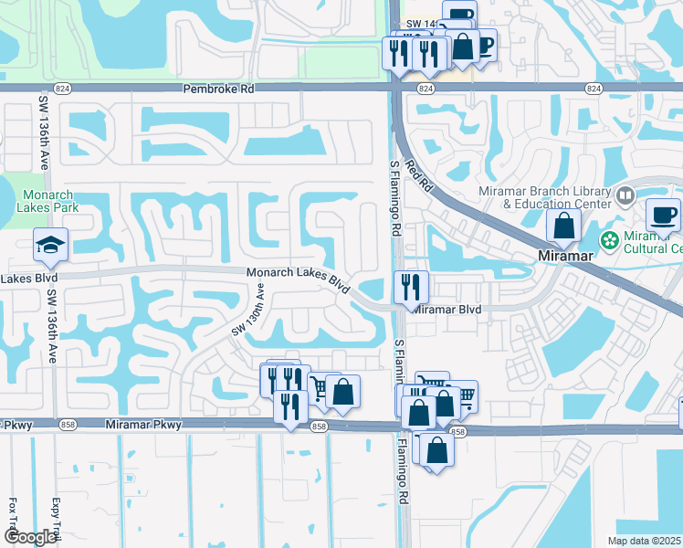 map of restaurants, bars, coffee shops, grocery stores, and more near 2388 Southwest 127th Avenue in Miramar