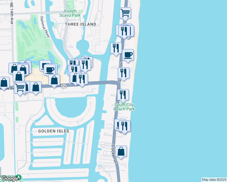 map of restaurants, bars, coffee shops, grocery stores, and more near 1803 South Ocean Drive in Hallandale Beach
