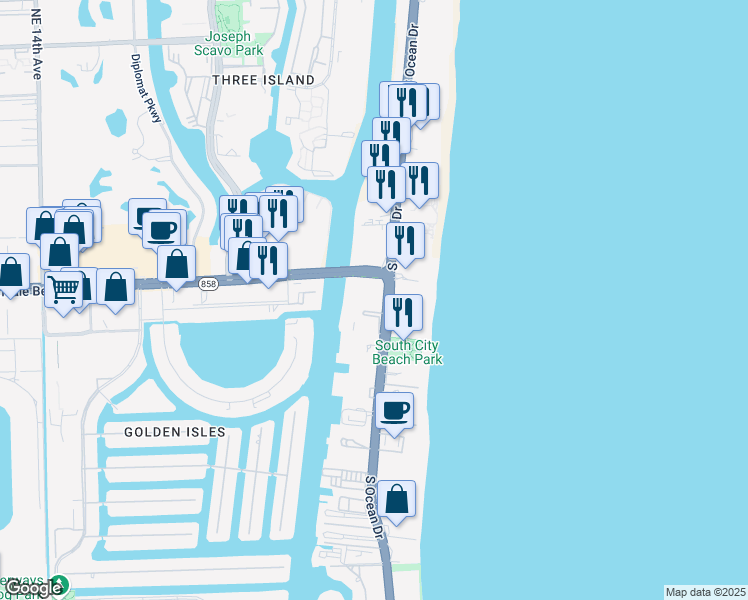map of restaurants, bars, coffee shops, grocery stores, and more near 1803 South Ocean Drive in Hallandale Beach