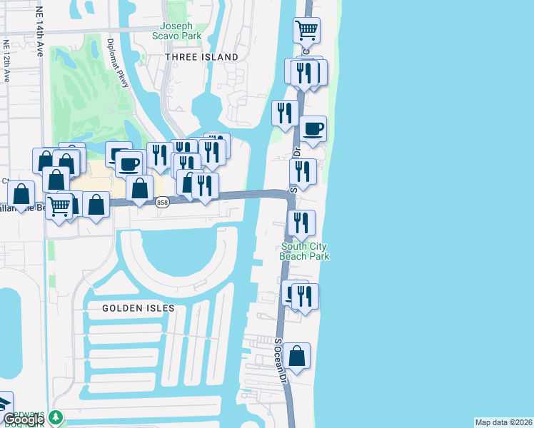 map of restaurants, bars, coffee shops, grocery stores, and more near 1801 South Ocean Drive in Hallandale Beach
