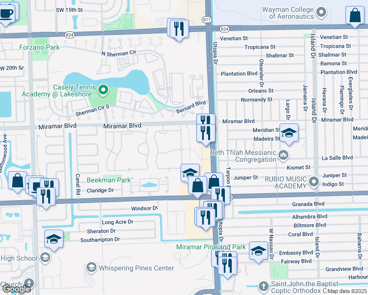 map of restaurants, bars, coffee shops, grocery stores, and more near 2693 Southwest 82nd Avenue in Miramar