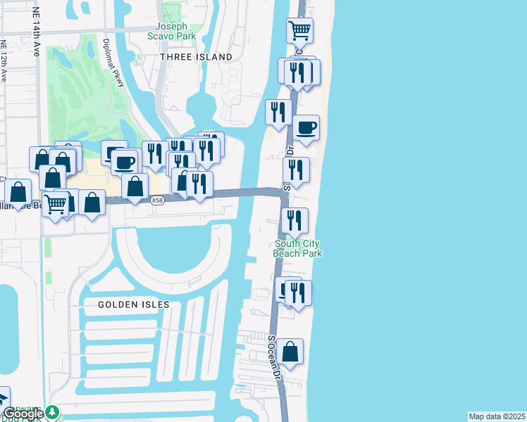 map of restaurants, bars, coffee shops, grocery stores, and more near 1801 South Ocean Drive in Hallandale Beach