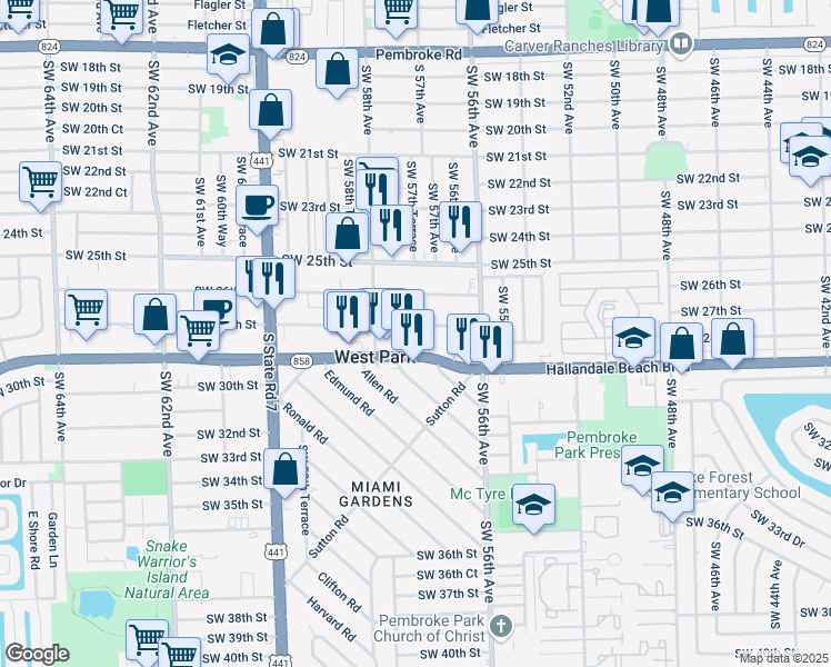 map of restaurants, bars, coffee shops, grocery stores, and more near 5649 Southwest 27th Street in West Park