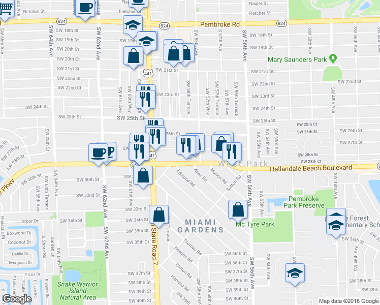 map of restaurants, bars, coffee shops, grocery stores, and more near 5817 Southwest 27th Street in West Park