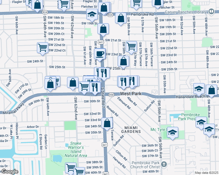 map of restaurants, bars, coffee shops, grocery stores, and more near 5909 Southwest 27th Street in West Park
