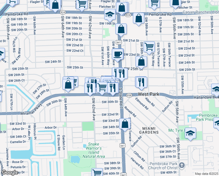 map of restaurants, bars, coffee shops, grocery stores, and more near 6033 Southwest 27th Street in Miramar