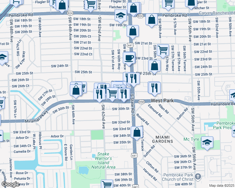 map of restaurants, bars, coffee shops, grocery stores, and more near 6033 Southwest 27th Street in Miramar