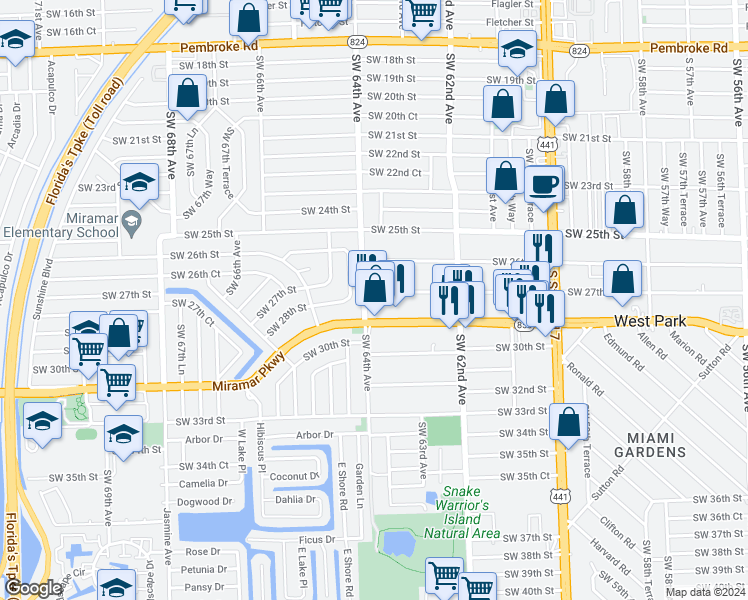 map of restaurants, bars, coffee shops, grocery stores, and more near 6327 Southwest 27th Street in Miramar