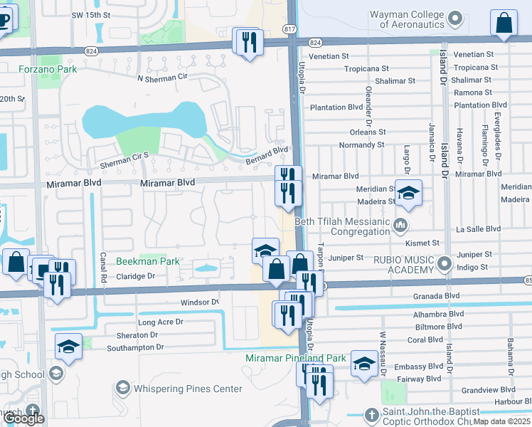map of restaurants, bars, coffee shops, grocery stores, and more near 2577 Southwest 82nd Avenue in Miramar