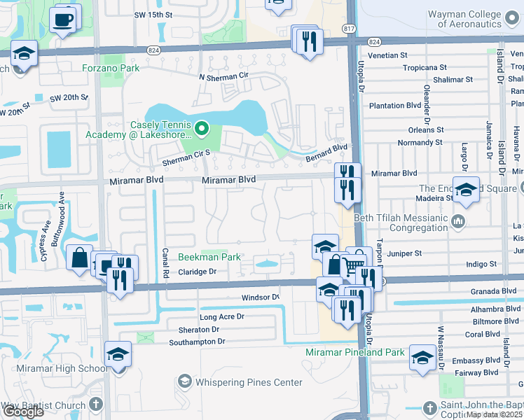 map of restaurants, bars, coffee shops, grocery stores, and more near 2573 Southwest 83rd Terrace in Miramar