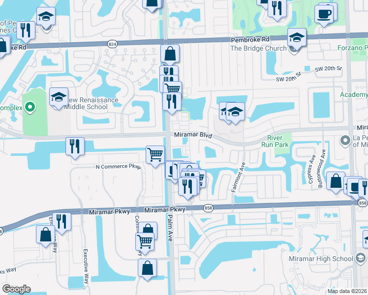 map of restaurants, bars, coffee shops, grocery stores, and more near 2531 Southwest 99th Way in Miramar