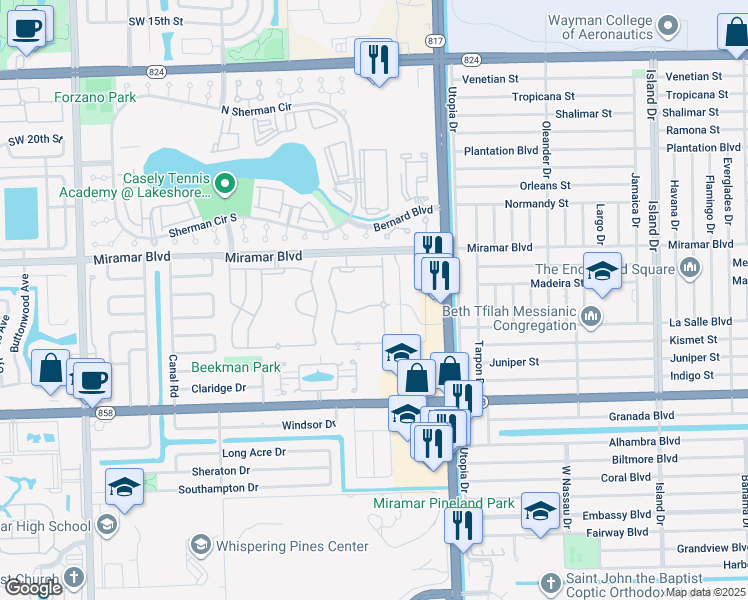 map of restaurants, bars, coffee shops, grocery stores, and more near 2577 Southwest 82nd Avenue in Miramar