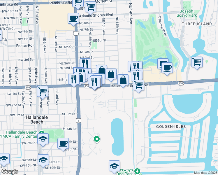 map of restaurants, bars, coffee shops, grocery stores, and more near in Hallandale Beach