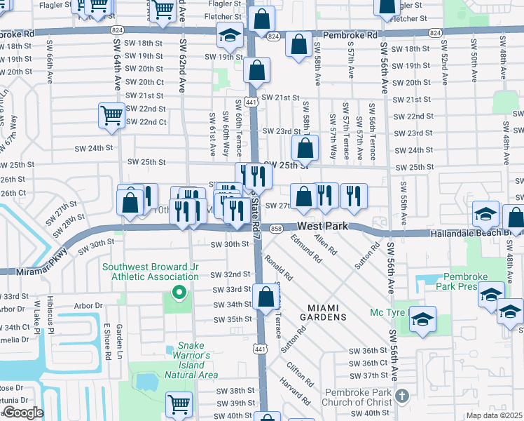 map of restaurants, bars, coffee shops, grocery stores, and more near 2631 U.S. 441 in West Park
