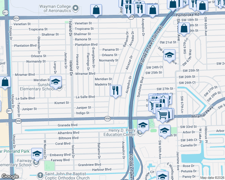 map of restaurants, bars, coffee shops, grocery stores, and more near 2624 Arcadia Drive in Miramar