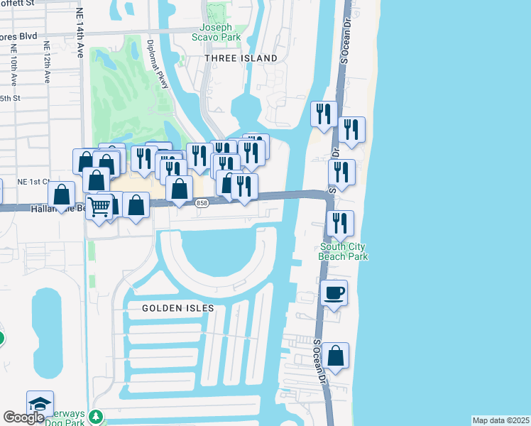 map of restaurants, bars, coffee shops, grocery stores, and more near 2524 East Hallandale Beach Boulevard in Hallandale Beach