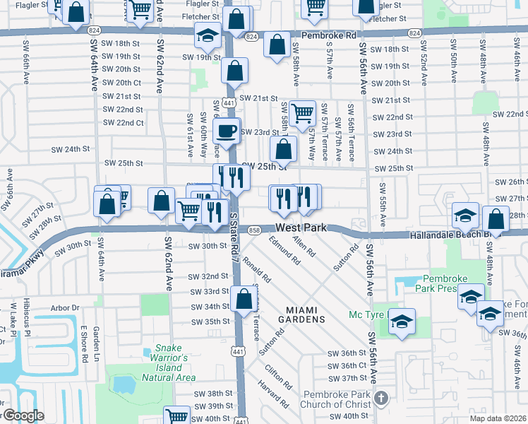 map of restaurants, bars, coffee shops, grocery stores, and more near 5909 Southwest 27th Street in West Park